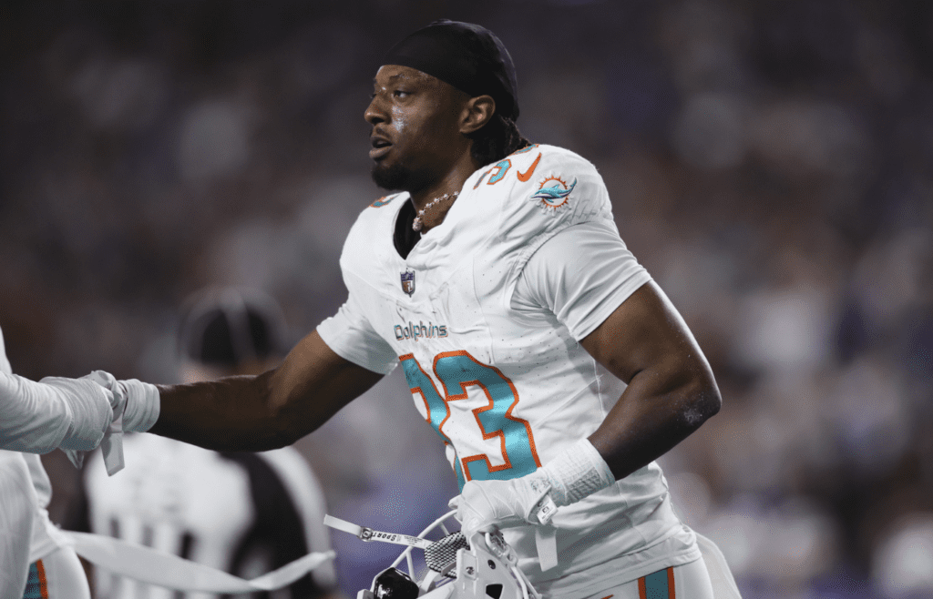 Jan 7, 2024; Miami Gardens, Florida, USA; Miami Dolphins cornerback Eli Apple (33) celebrates after intercepting the football against the Buffalo Bills during the first quarter at Hard Rock Stadium. Mandatory Credit: Sam Navarro-Imagn Images