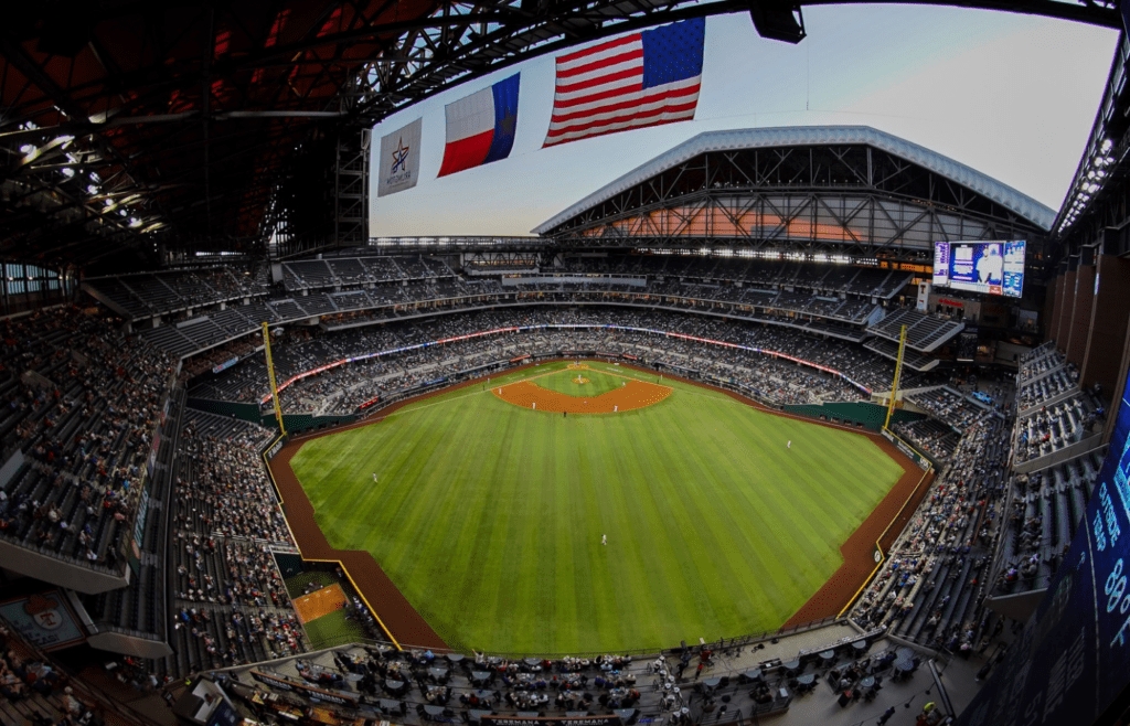 May 12, 2025; Arlington, Texas, USA; A view of Globe Life Field from centerfield during a game between the Texas Rangers and the Colorado Rockies. Mandatory Credit: Raymond Carlin III-Imagn Images
