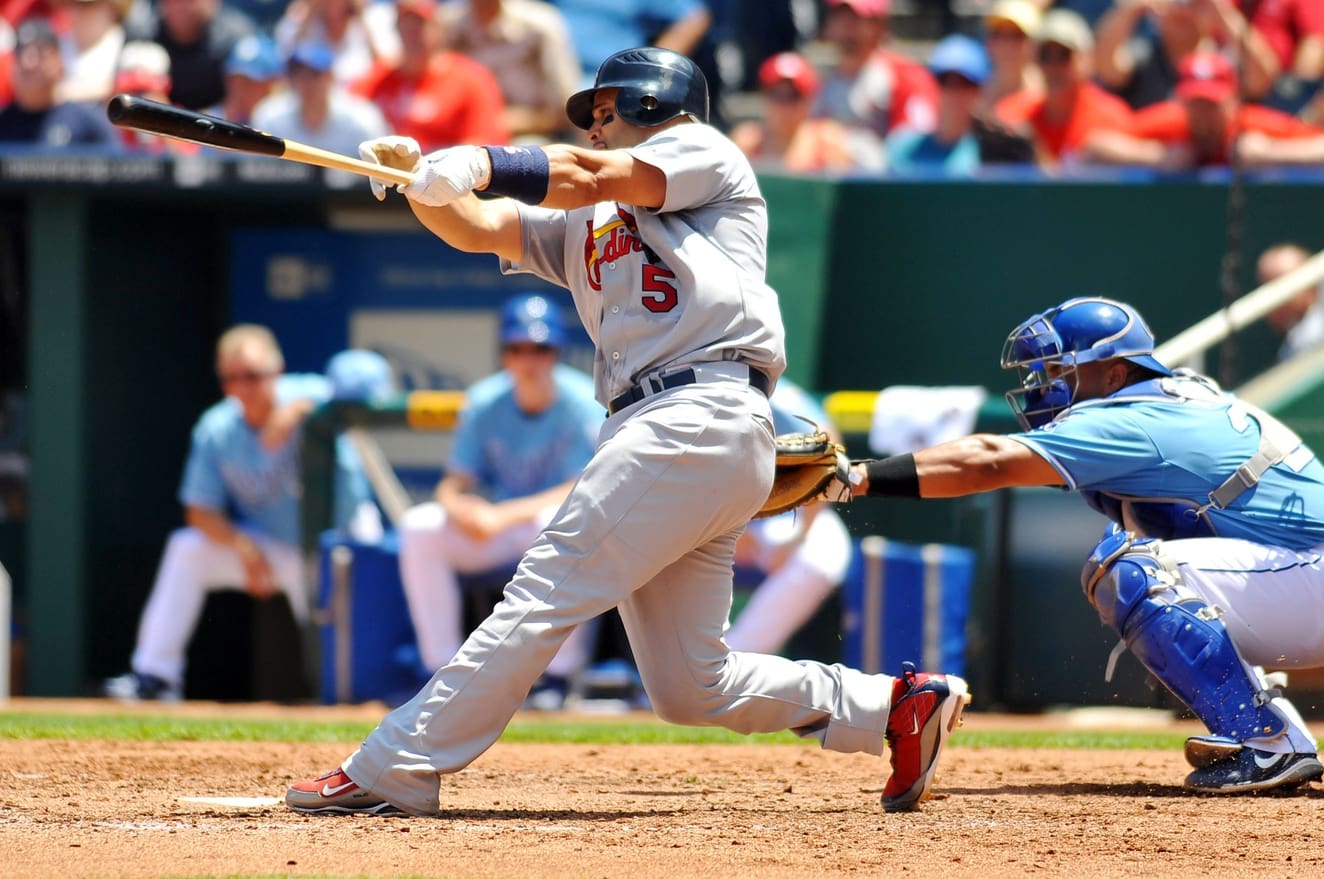 June 26, 2010; Kansas City, MO, USA; St. Louis Cardinals first baseman Albert Pujols (5) at bat during the game against the Kansas City Royals at Kauffman Stadium. The Cardinals won 5-3. Mandatory Credit: Denny Medley-USA TODAY Sports