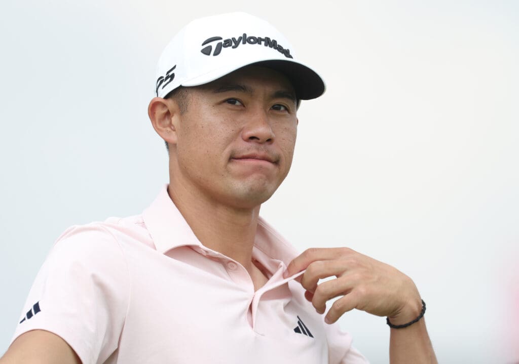 Jun 10, 2025; Oakmont, Pennsylvania, USA; Collin Morikawa reacts on the 12th tee during a practice round for the U.S. Open golf tournament at Oakmont Country Club.