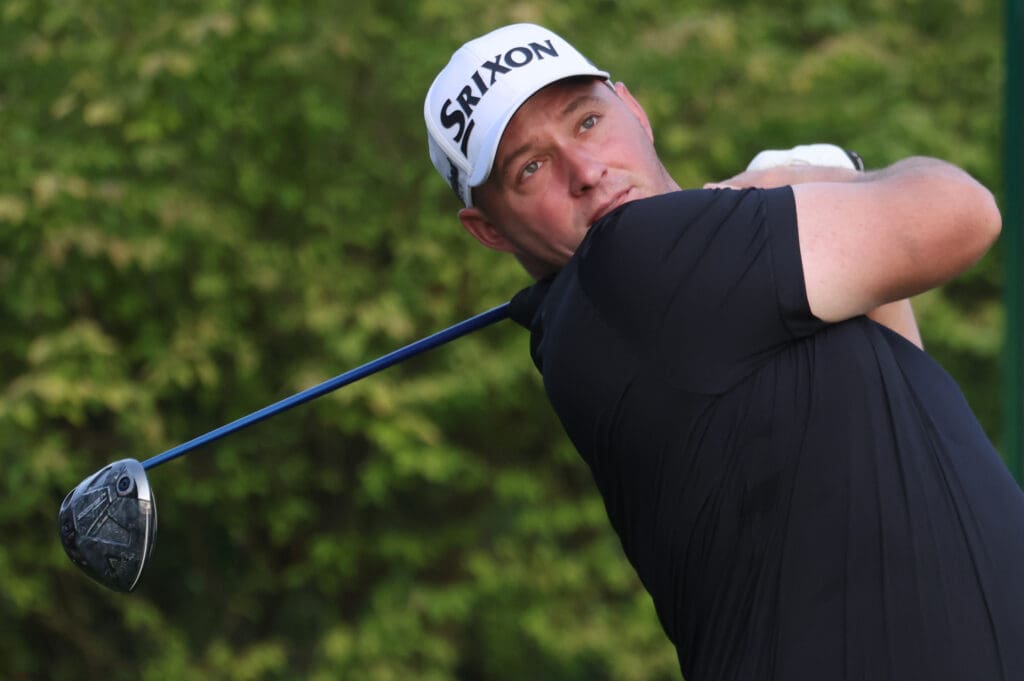 Jun 10, 2025; Oakmont, Pennsylvania, USA; Sepp Straka tees off on the first hole during a practice round for the U.S. Open golf tournament at Oakmont Country Club.