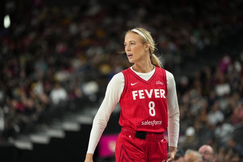 Jun 22, 2025; Las Vegas, Nevada, USA; Indiana Fever guard Sophie Cunningham (8) during the first half of a WNBA basketball game against the Las Vegas Aces at T-Mobile Arena. Mandatory Credit: Lucas Peltier-Imagn Images