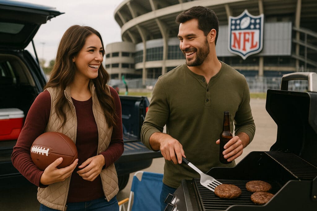A couple tailgating at their favorite NFL stadium. AI.