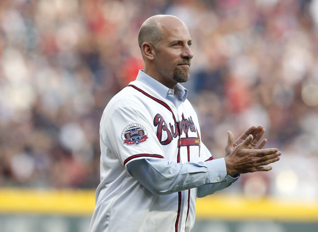 Apr 14, 2017; Atlanta, GA, USA; Atlanta Braves former pitcher John Smoltz is honored prior to the first MLB game at SunTrust Park. Mandatory Credit: Brett Davis-USA TODAY Sports
