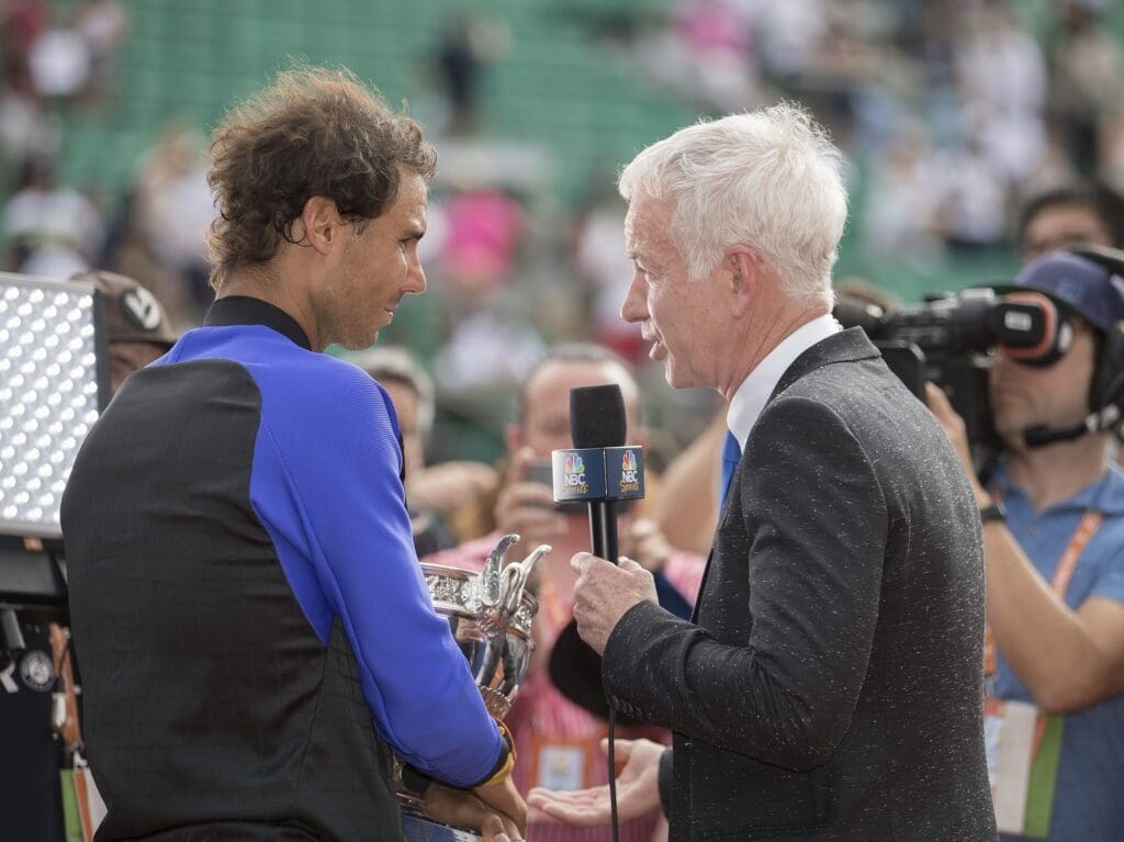 Jun 11, 2017; Paris, France; Rafael Nadal (ESP) is interviewed by John McEnroe (right) after the trophy presentation on day fifteen of the 2017 French Open tennis tournament at Stade Roland Garros. Mandatory Credit: Susan Mullane-USA TODAY Sports