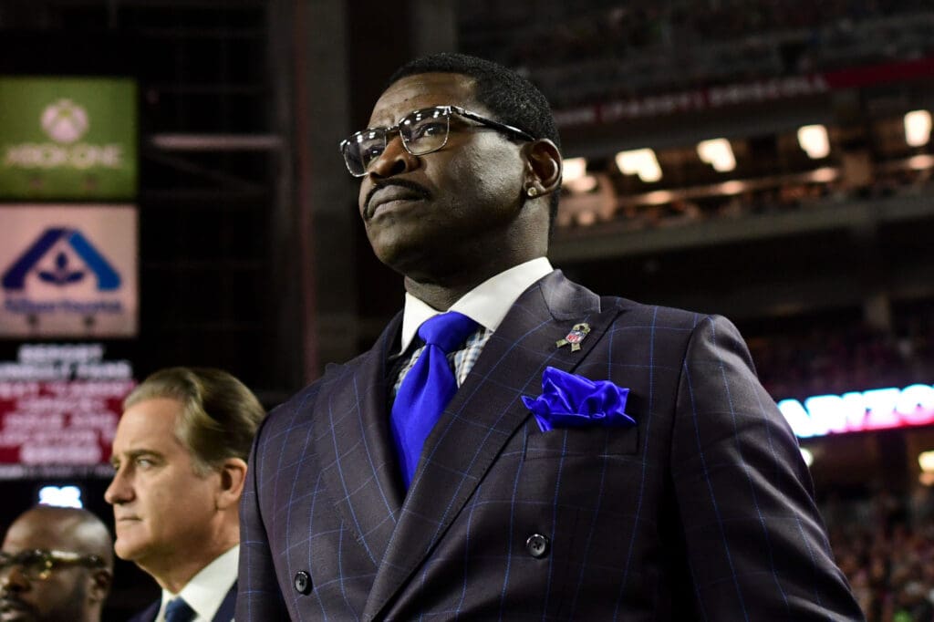 Nov 9, 2017; Glendale, AZ, USA; Former NFL player and television personality Michael Irvin looks on during the second half of the game between the Arizona Cardinals and the Seattle Seahawks at University of Phoenix Stadium. Mandatory Credit: Matt Kartozian-USA TODAY Sports