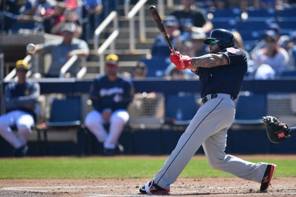 Mar 4, 2018; Phoenix, AZ, USA; Cleveland Indians first baseman Mike Napoli (32) bats against the Milwaukee Brewers during the first inning at Maryvale Baseball Park. Mandatory Credit: Joe Camporeale-USA TODAY Sports