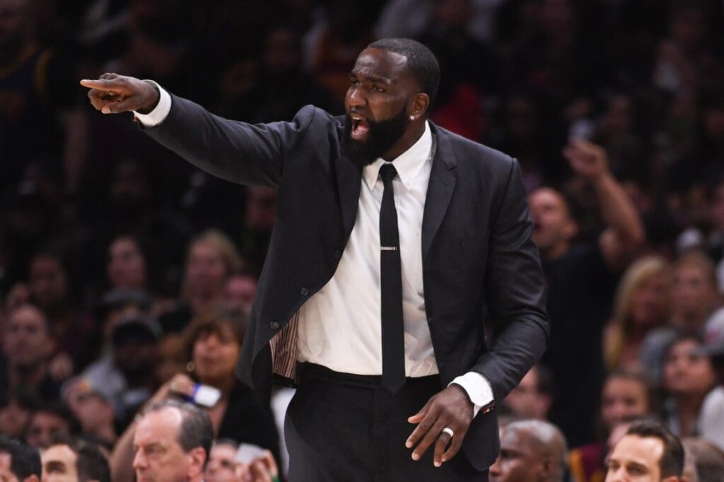 June 8, 2018; Cleveland, OH, USA; Cleveland Cavaliers center Kendrick Perkins (21) during the second quarter in game four of the 2018 NBA Finals against the Golden State Warriors at Quicken Loans Arena. The Warriors defeated the Cavaliers 108-85 to complete a four-game sweep. Mandatory Credit: Kyle Terada-USA TODAY Sports