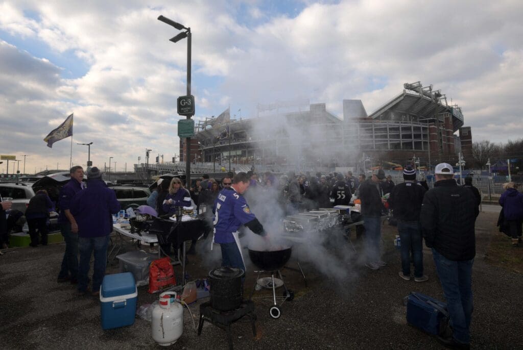 Jan 6, 2019; Baltimore, MD, USA; Baltimore Ravens fans tailgate during an AFC Wild Card playoff football game against the Los Angeles Chargers at M&T Bank Stadium. Mandatory Credit: Kirby Lee-USA TODAY Sports
