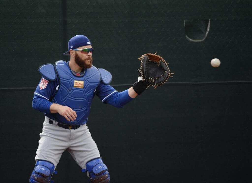 Feb 15, 2019; Glendale, AZ, USA; Los Angeles Dodgers catcher Russell Martin (55) catches during a spring training workout at the Camelback Ranch practice fields. Mandatory Credit: Joe Camporeale-USA TODAY Sports