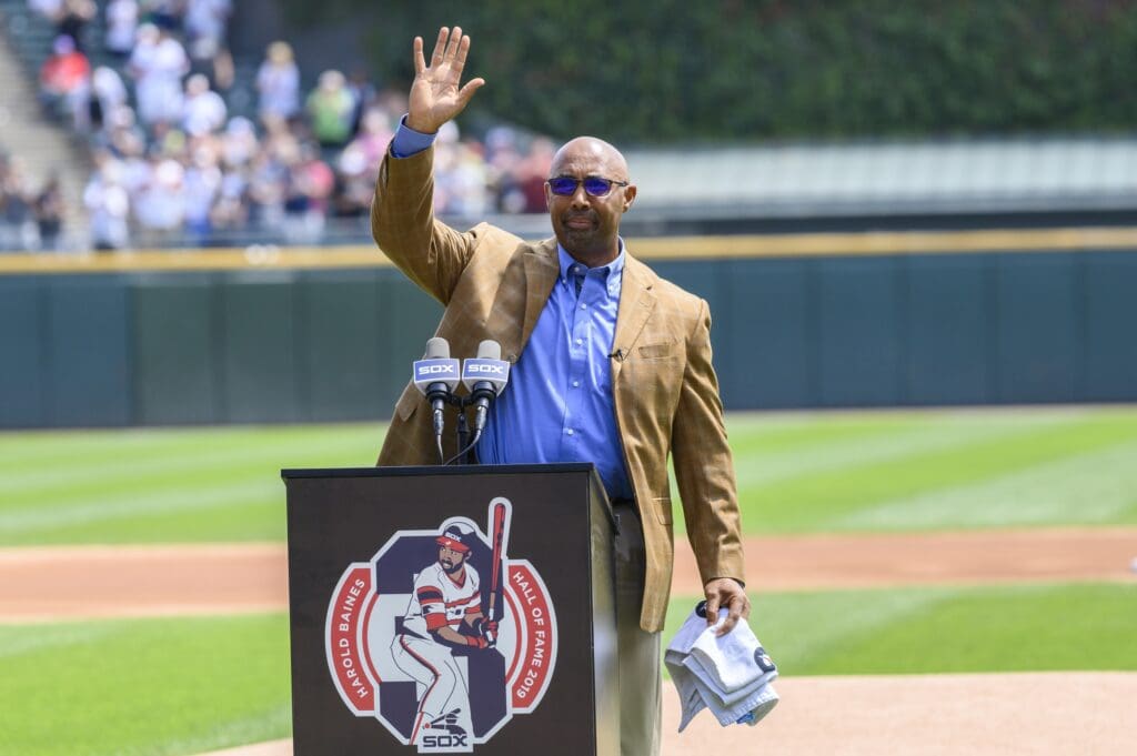 Aug 11, 2019; Chicago, IL, USA; Former Chicago White Sox player Harold Baines is honored during a ceremony reflecting his Hall of Fame induction prior to a game between the Chicago White Sox and the Oakland Athletics at Guaranteed Rate Field. Mandatory Credit: Patrick Gorski-USA TODAY Sports