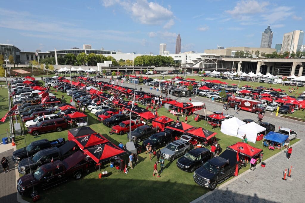 Sep 15, 2019; Atlanta, GA, USA; The Home Depot Backyard is shown full of tailgaters before the Atlanta Falcons game against the Philadelphia Eagles at Mercedes-Benz Stadium. Mandatory Credit: Jason Getz-USA TODAY Sports