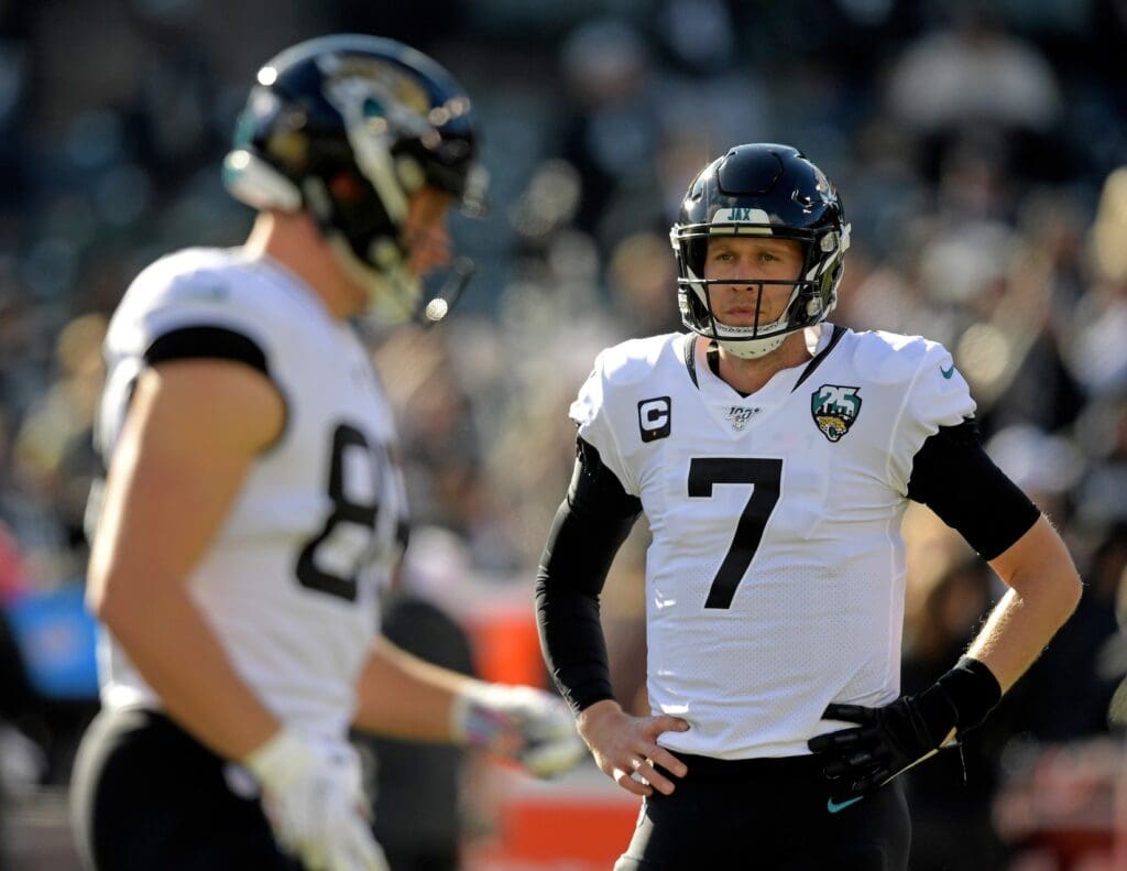 Dec 15, 2019; Oakland, CA, USA; Jacksonville Jaguars quarterback Nick Foles (7) warms up before a game against the Oakland Raiders in the Raiders final game at the Oakland-Alameda Coliseum before relocating to Las Vegas for the 2020 season. Mandatory Credit: Kirby Lee-USA TODAY Sports