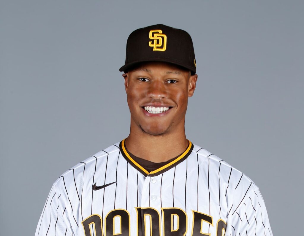 Mar 1, 2021; Peoria, AZ, USA; San Diego Padres Joshua Mears #95 poses during media day at the Peoria Sports Complex. Mandatory Credit: MLB photos via USA TODAY Sports