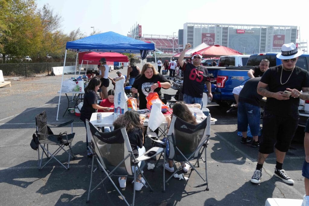 Aug 29, 2021; Santa Clara, California, USA; Las Vegas Raiders and San Francisco 49ers tailgate before the game at Levi's Stadium. Mandatory Credit: Kirby Lee-USA TODAY Sports