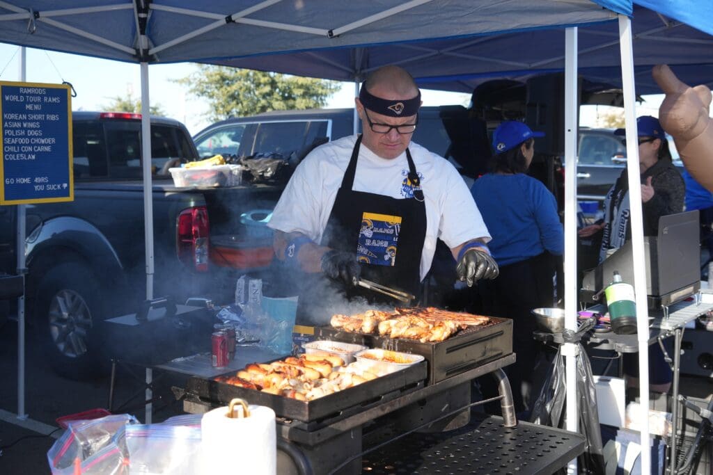 Jan 9, 2022; Inglewood, California, USA; Los Angeles Rams fans tailgate before the game against the San Francisco 49ers at SoFi Stadium. Mandatory Credit: Kirby Lee-USA TODAY Sports