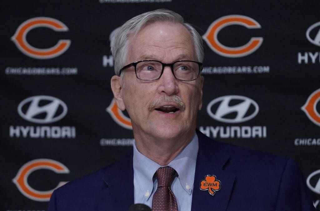 Jan 31, 2022; Lake Forest, IL, USA; Chicago Bears Chairman George McCaskey speaks at a Press Conference to introduce new Chicago Bears-Head Coach Matt Eberflus and General Manager Ryan Poles Mandatory Credit: David Banks-USA TODAY Sports