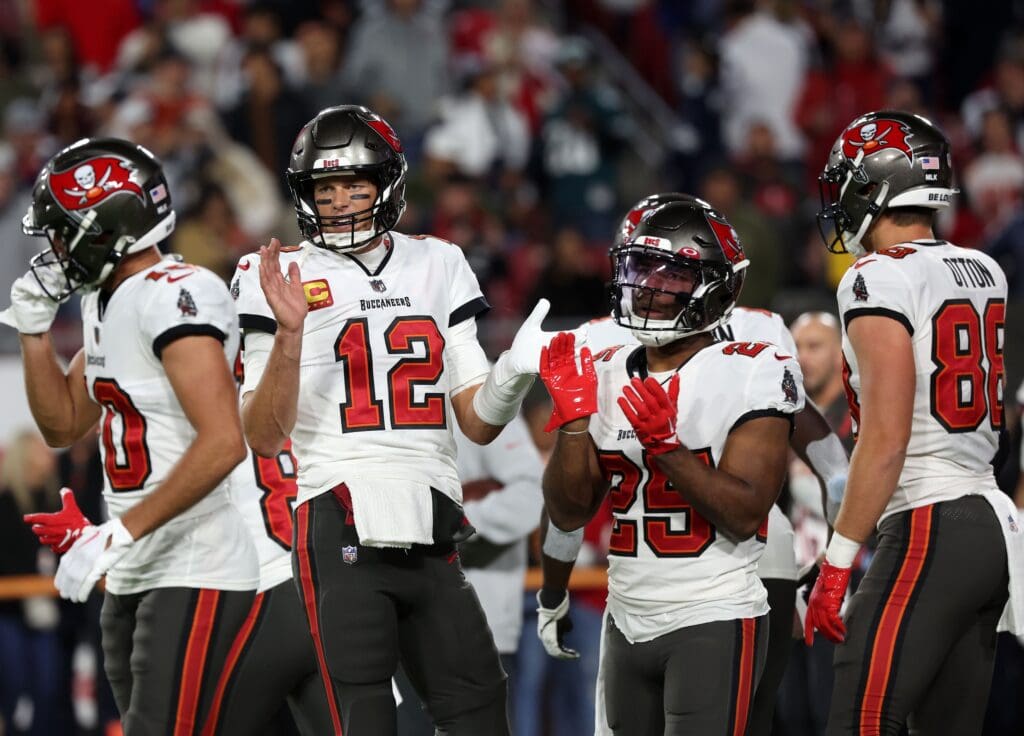 Jan 16, 2023; Tampa, Florida, USA; Tampa Bay Buccaneers quarterback Tom Brady (12) reacts before the wild card game against the Dallas Cowboys at Raymond James Stadium. Mandatory Credit: Kim Klement-USA TODAY Sports