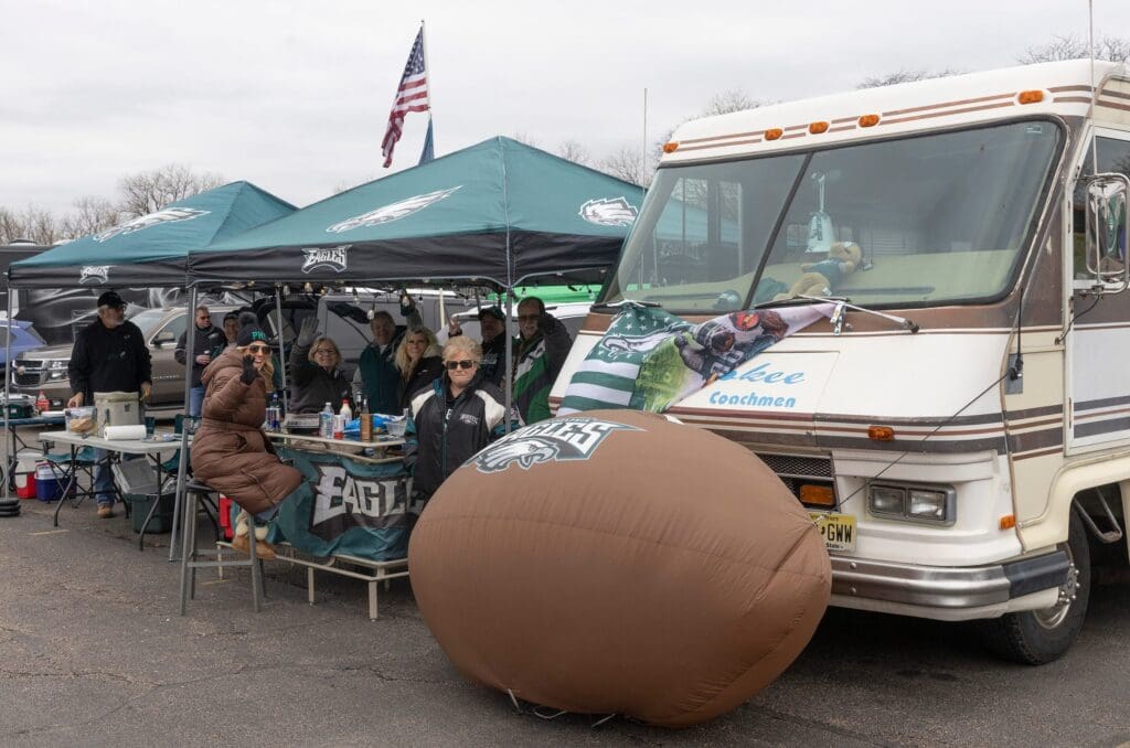 Fans for the Eagles-Giants playoff game show up early to tailgate and party across from Lincoln Financial Field in Philadelphia on January 21, 2023.
Phillytailgating230121u