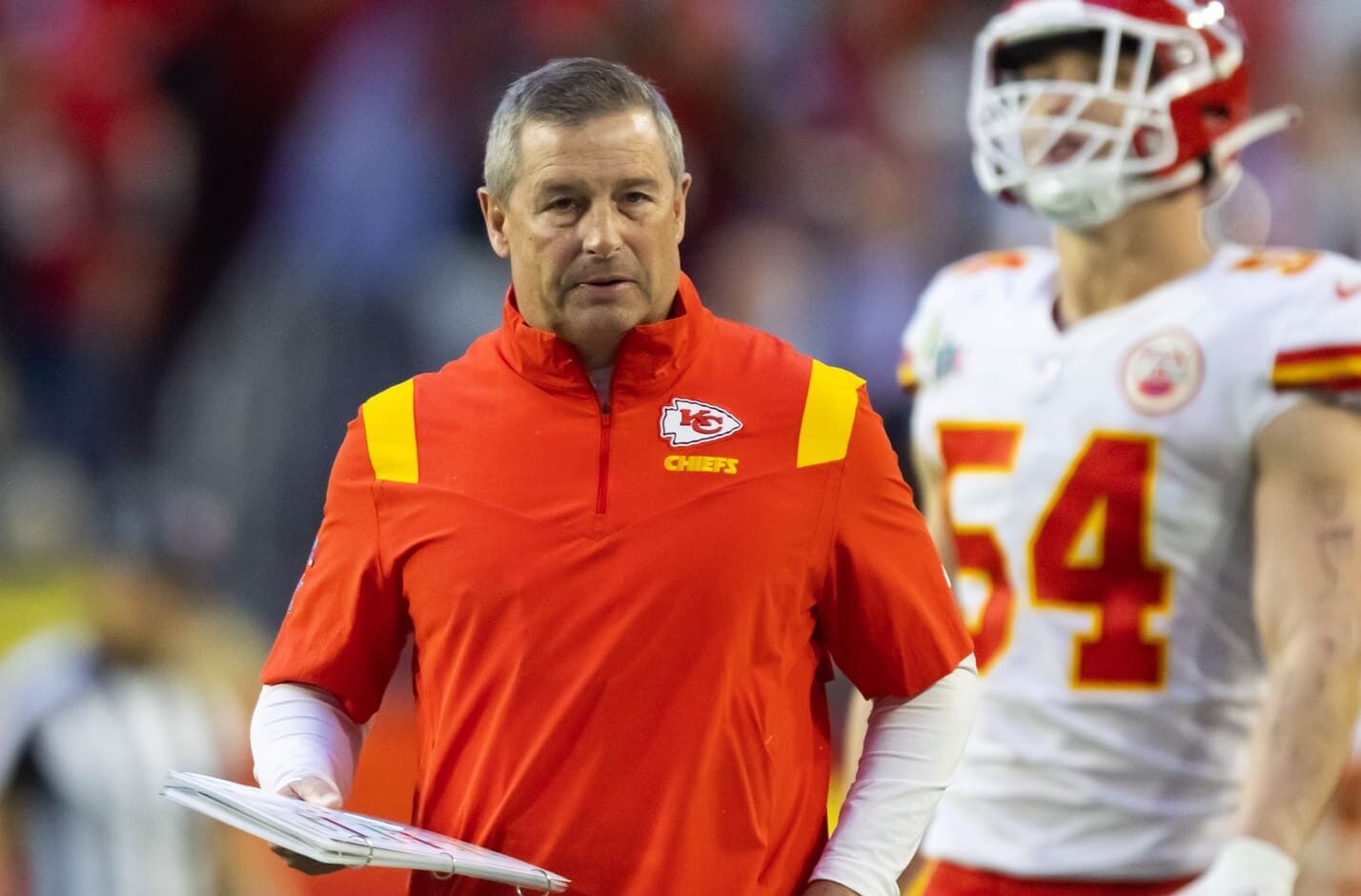 Feb 12, 2023; Glendale, Arizona, US; Kansas City Chiefs assistant special teams coach Andy Hill against the Philadelphia Eagles during Super Bowl LVII at State Farm Stadium. Mandatory Credit: Mark J. Rebilas-USA TODAY Sports
