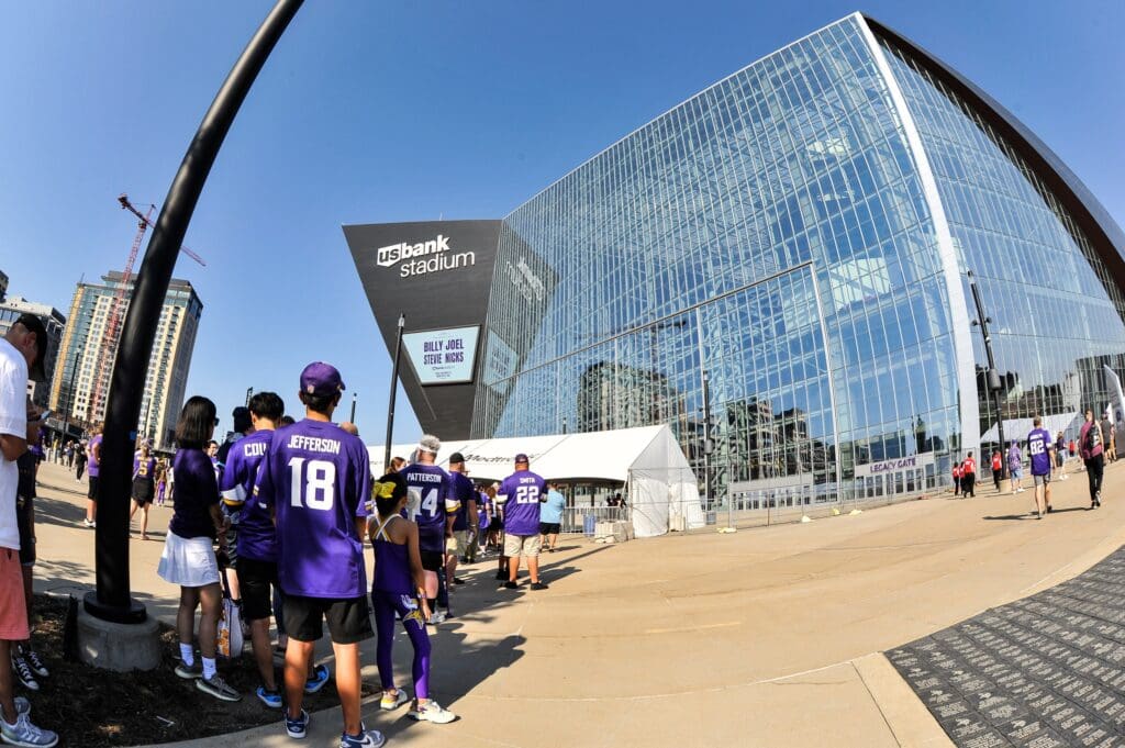 Aug 19, 2023; Minneapolis, Minnesota, USA; A general view of U.S. Bank Stadium before the game between the Minnesota Vikings and the Tennessee Titans. Mandatory Credit: Jeffrey Becker-USA TODAY Sports
