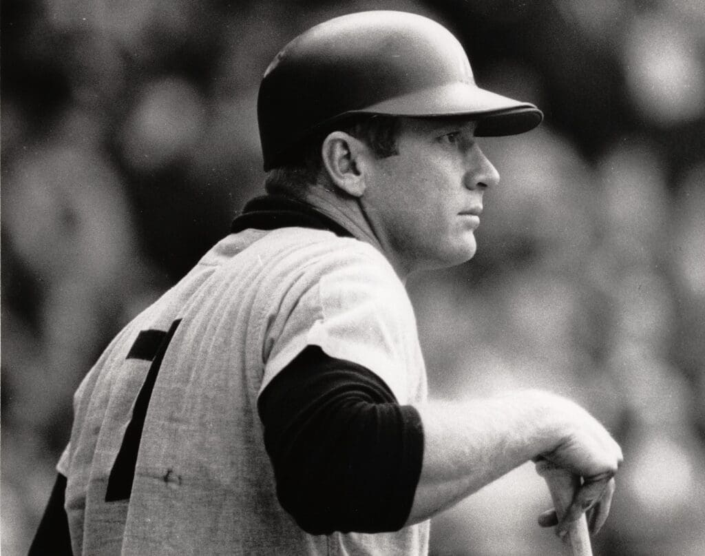Unknown date and location; New York Yankee infielder Mickey Mantle waits on deck. Mantle won three most valuable player awards in 1956, 1957 and 1962, won the triple crown in 1956 and helped the Yankees win 12 pennants and 7 World Series titles while establishing the record for most home runs in the World Series at 18. Mandatory Credit: Photo By Malcolm Emmons-USA TODAY Sports