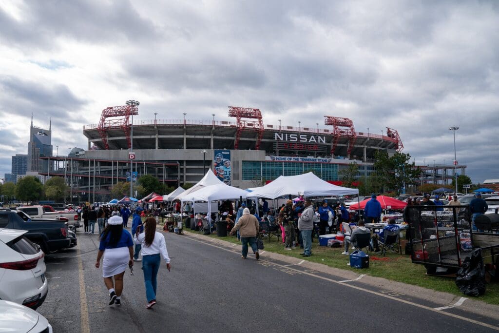 People tailgate before the TSU homecoming game at Nissan Stadium in Nashville, Tenn., Saturday, Oct. 14, 2023.