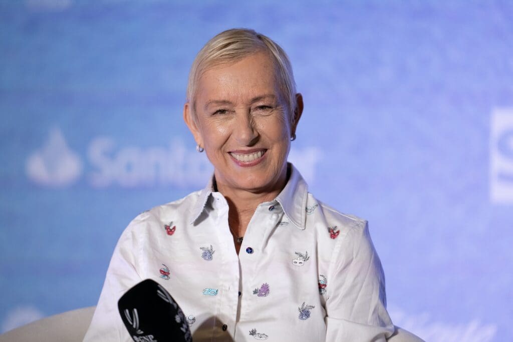 Nov 2, 2023; Cancun, Mexico; Martina Navratilova in a joint press conference with Chris Evert on day five of the GNP Saguaros WTA Finals Cancun. Mandatory Credit: Susan Mullane-USA TODAY Sports
