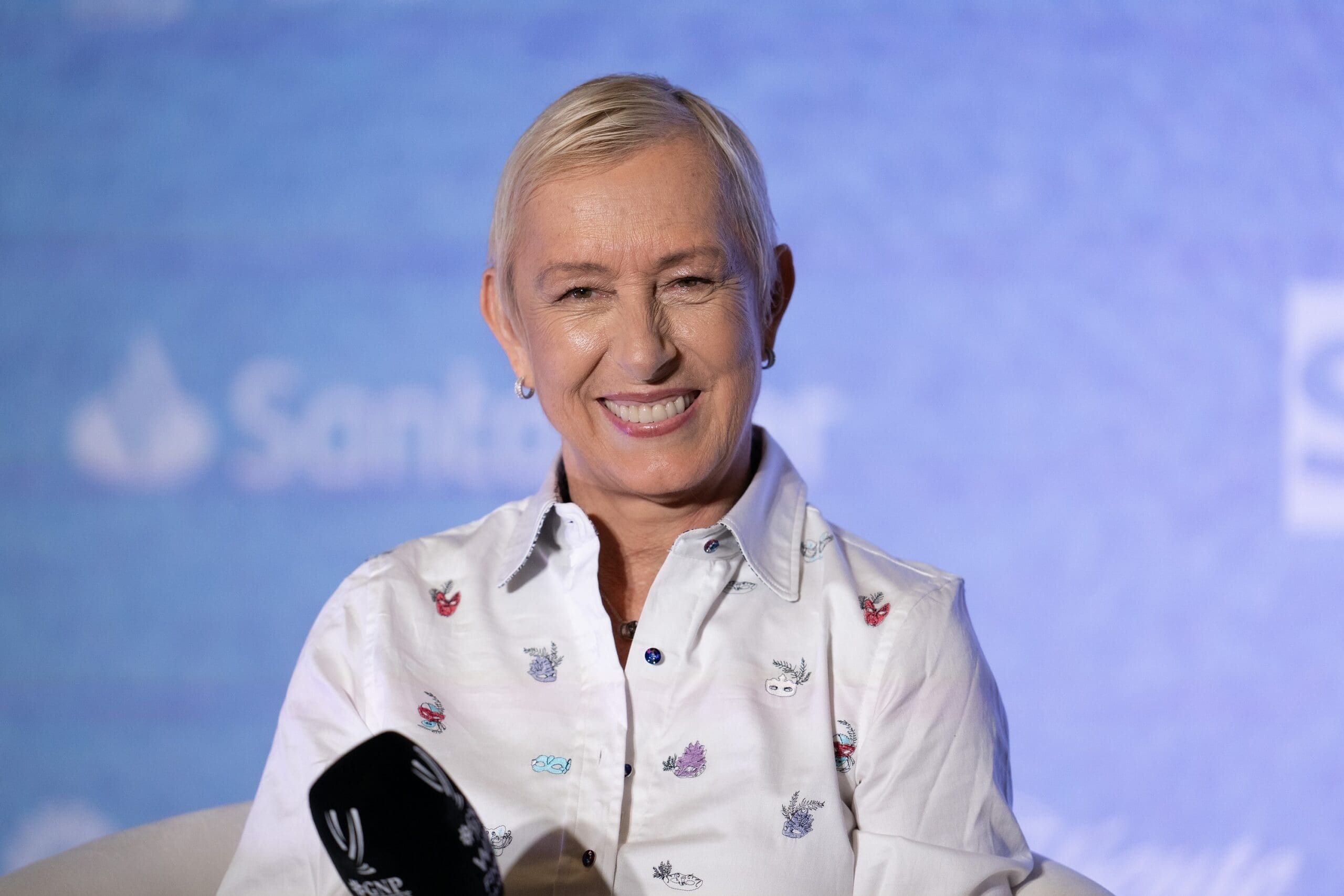 Nov 2, 2023; Cancun, Mexico; Martina Navratilova in a joint press conference with Chris Evert on day five of the GNP Saguaros WTA Finals Cancun. Mandatory Credit: Susan Mullane-USA TODAY Sports