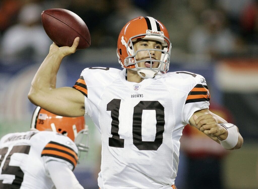 Aug 30, 2007; Chicago, IL, USA; Cleveland Browns quarterback (10) Brady Quinn passes the ball during the second quarter against the Chicago Bears at Soldier Field in Chicago. Mandatory Credit: Jerry Lai-USA TODAY Sports