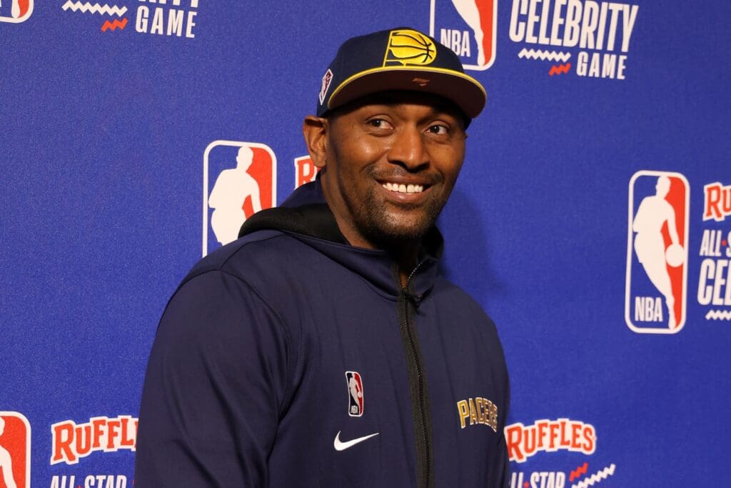 Feb 16, 2024; Indianapolis, IN, USA; Metta World Peace (91) of Team Stephen A on the red carpet before the All Star Celebrity Game at Lucas Oil Stadium. Mandatory Credit: Trevor Ruszkowski-USA TODAY Sports
