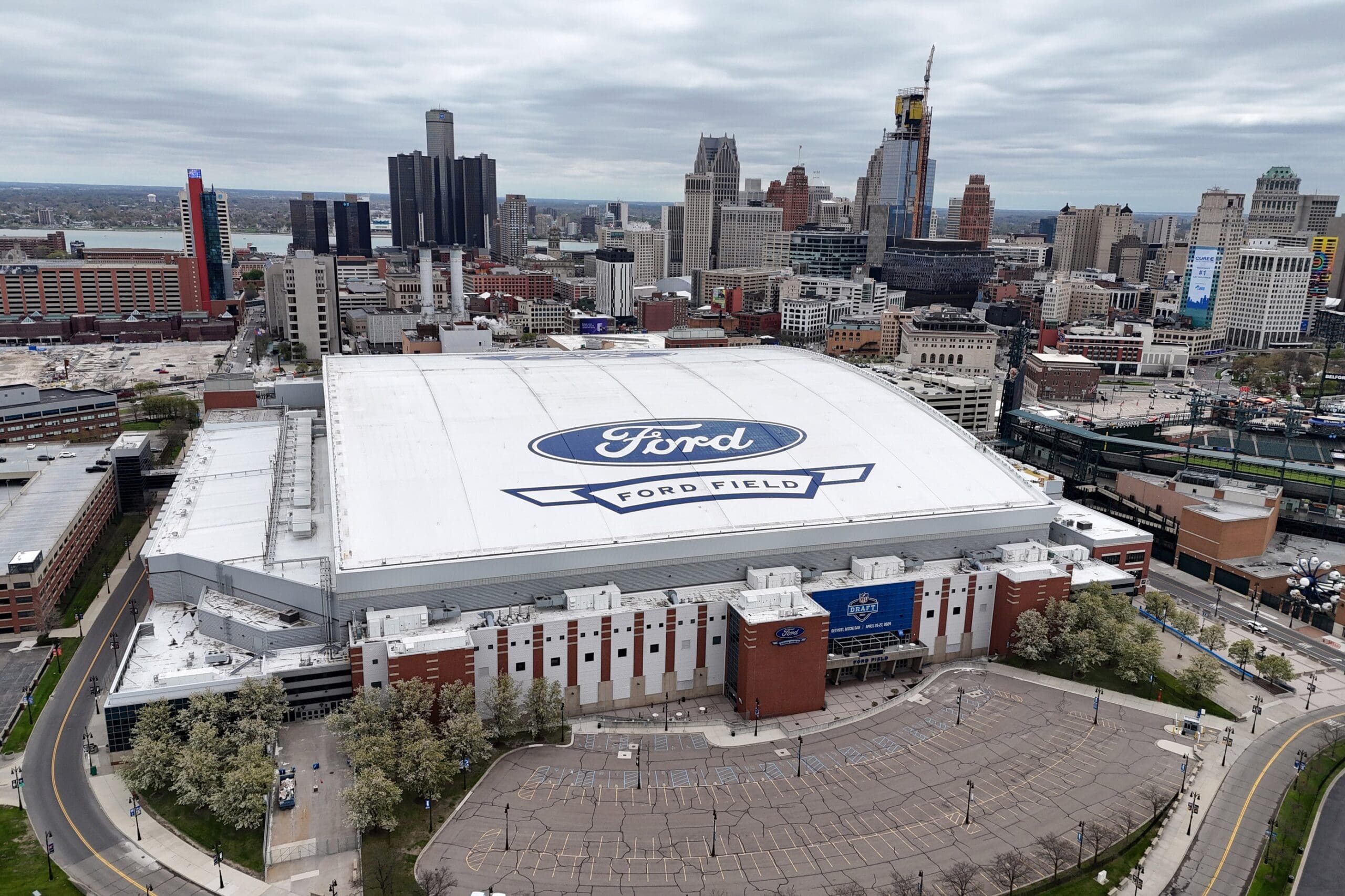 Apr 24, 2024; Detroit, MI, USA; A general overall aerial view of Ford Field. The stadium is the home of the Detroit Lions. Mandatory Credit: Kirby Lee-USA TODAY Sports