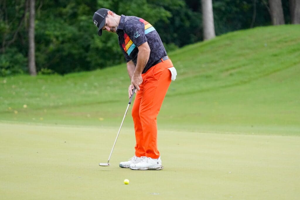 May 23, 2024; Fort Worth, Texas, USA; Rory Sabbatini putts on the 11th green during the first round of the Charles Schwab Challenge golf tournament. Mandatory Credit: Raymond Carlin III-USA TODAY Sports