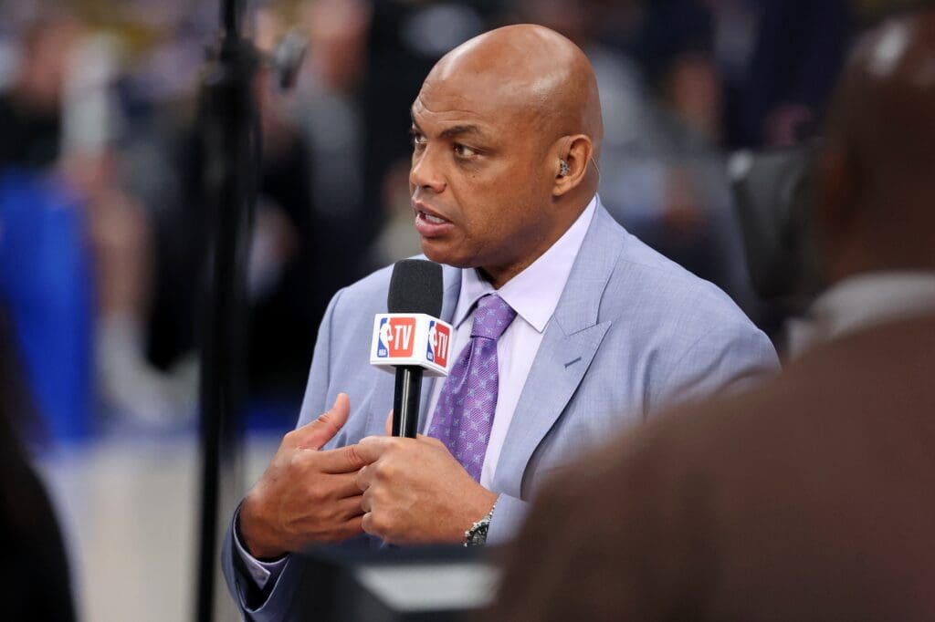 Jun 12, 2024; Dallas, Texas, USA; NBA TV analyst Charles Barkley talks on set before game three of the 2024 NBA Finals between the Boston Celtics and the Dallas Mavericks at American Airlines Center. Mandatory Credit: Kevin Jairaj-USA TODAY Sports