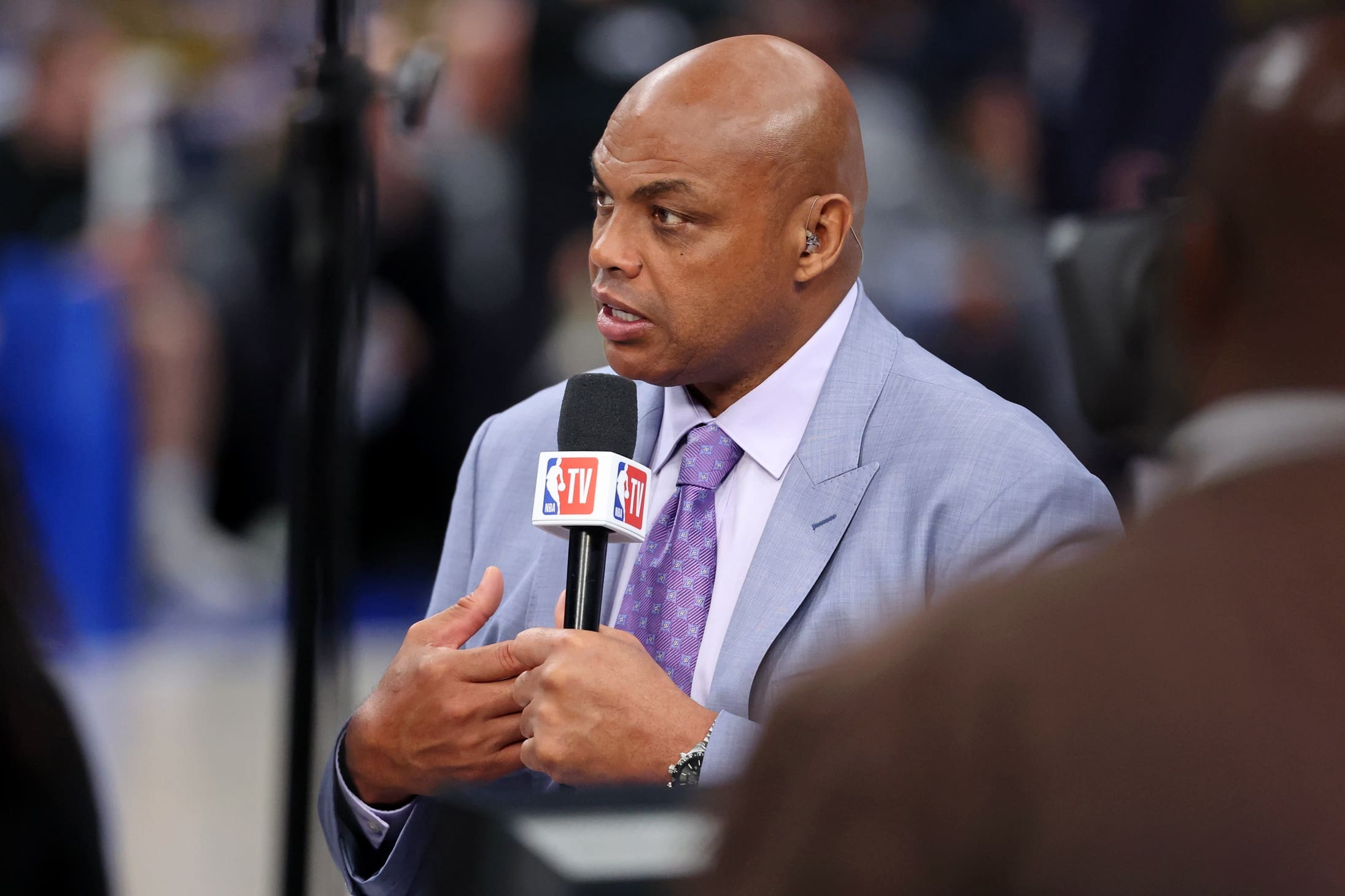 Jun 12, 2024; Dallas, Texas, USA; NBA TV analyst Charles Barkley talks on set before game three of the 2024 NBA Finals between the Boston Celtics and the Dallas Mavericks at American Airlines Center. Mandatory Credit: Kevin Jairaj-USA TODAY Sports