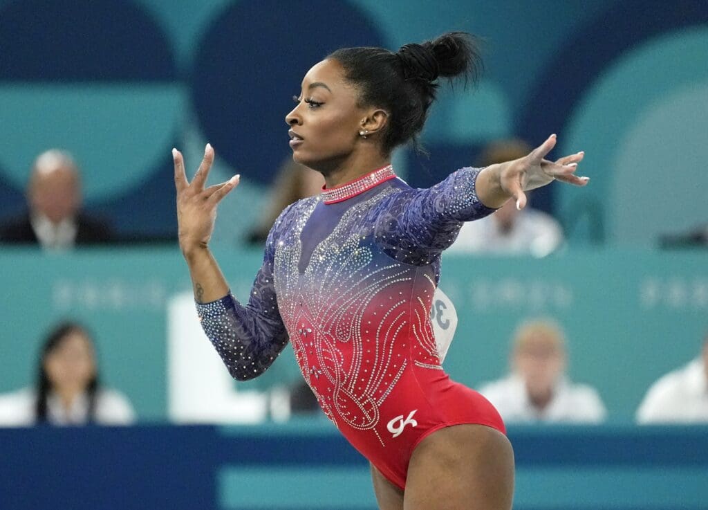 Aug 5, 2024; Paris, France; Simone Biles of the United States competes on the floor exercise on day three of the gymnastics event finals during the Paris 2024 Olympic Summer Games. Mandatory Credit: Jack Gruber-USA TODAY Sports