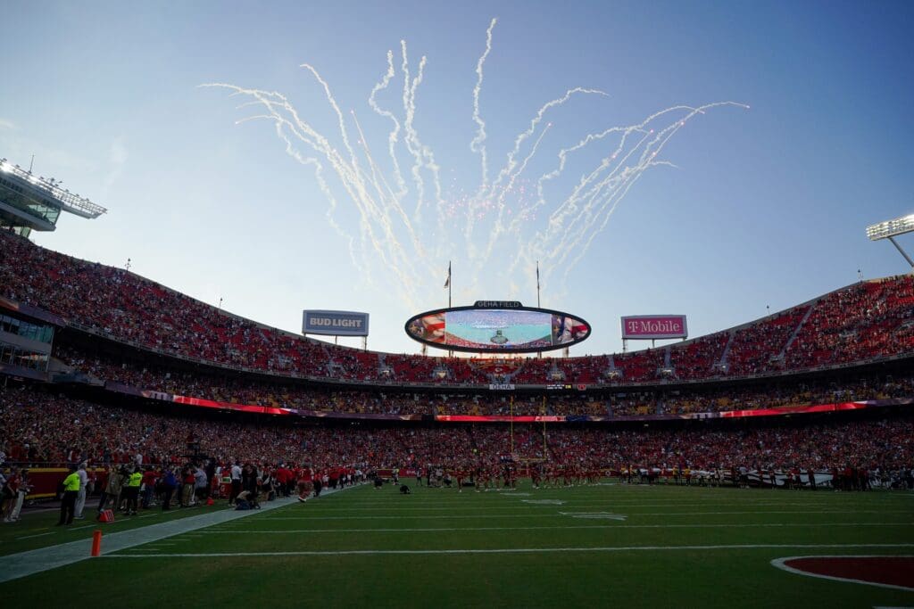 Aug 22, 2024; Kansas City, Missouri, USA; A general view of the field as fireworks erupt prior to a game between the Kansas City Chiefs and Chicago Bears at GEHA Field at Arrowhead Stadium. Mandatory Credit: Denny Medley-USA TODAY Sports