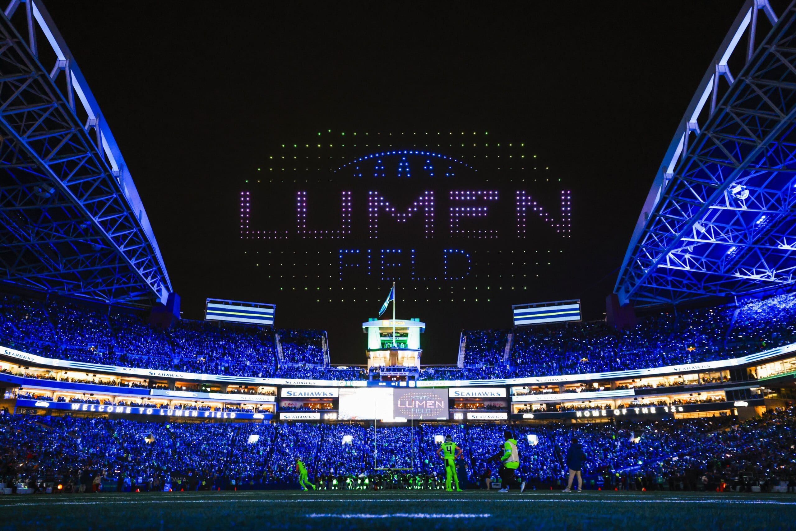 Dec 15, 2024; Seattle, Washington, USA; General view of Lumen Field during a drone show during halftime of a game between the Green Bay Packers and Seattle Seahawks. Mandatory Credit: Joe Nicholson-Imagn Images