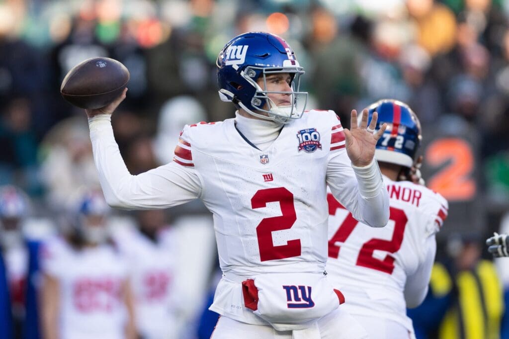 Jan 5, 2025; Philadelphia, Pennsylvania, USA; New York Giants quarterback Drew Lock (2) passes the ball against the Philadelphia Eagles during the fourth quarter at Lincoln Financial Field. Mandatory Credit: Bill Streicher-Imagn Images