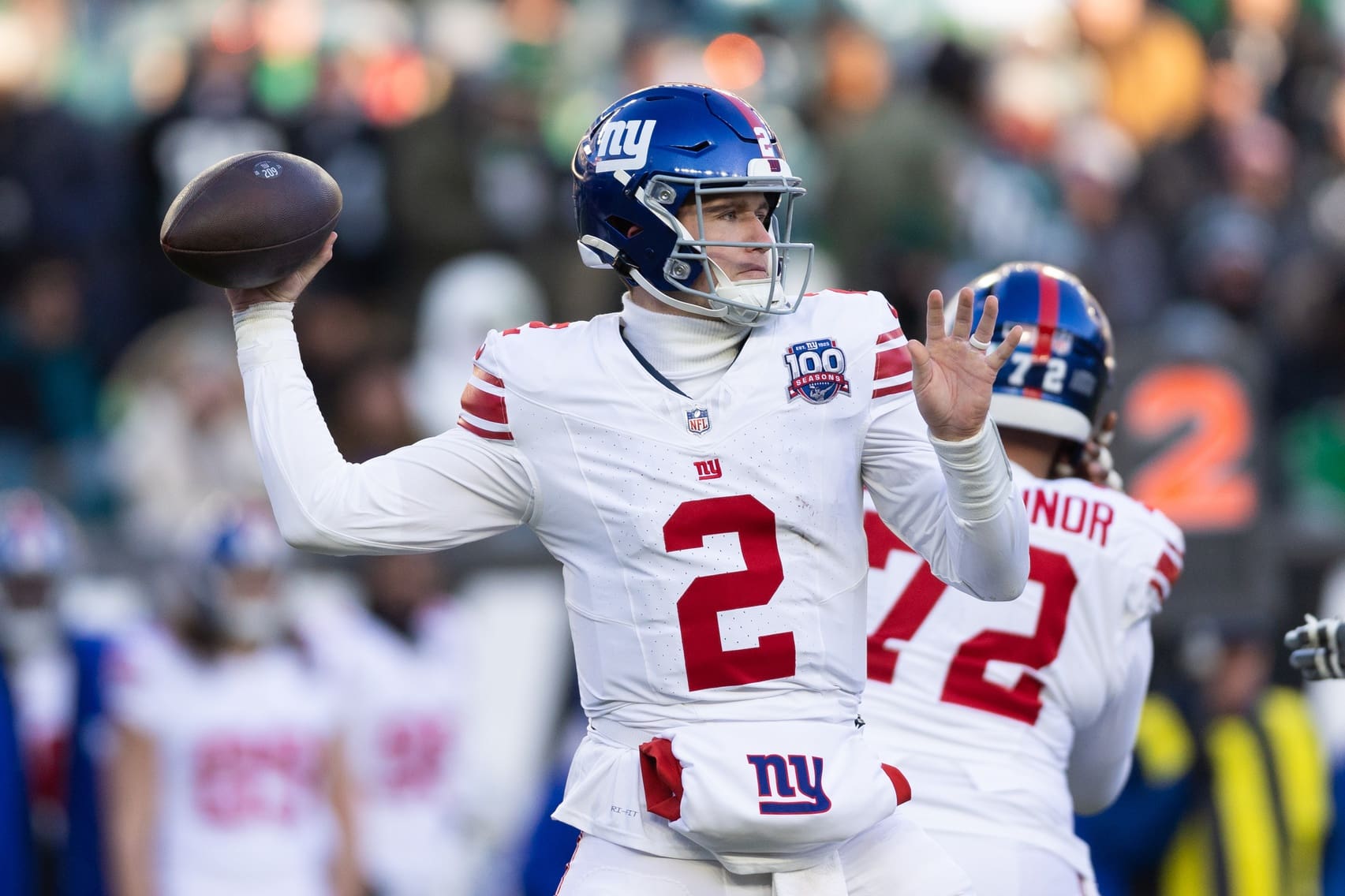 Jan 5, 2025; Philadelphia, Pennsylvania, USA; New York Giants quarterback Drew Lock (2) passes the ball against the Philadelphia Eagles during the fourth quarter at Lincoln Financial Field. Mandatory Credit: Bill Streicher-Imagn Images