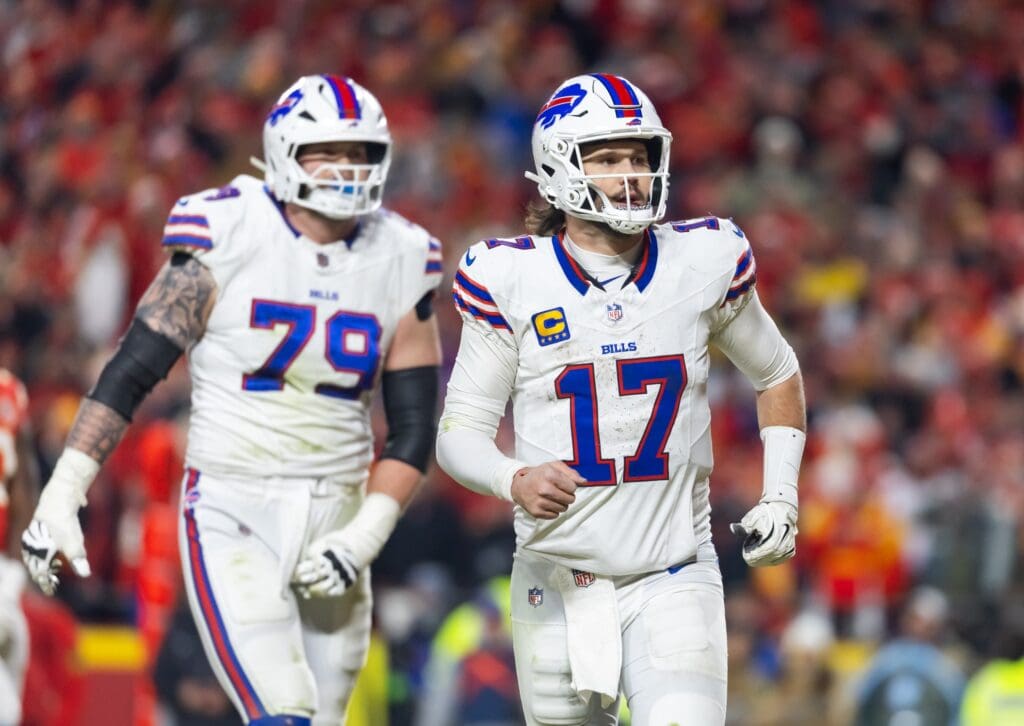 Jan 26, 2025; Kansas City, MO, USA; Buffalo Bills quarterback Josh Allen (17) and offensive tackle Spencer Brown (79) against the Kansas City Chiefs during the AFC Championship game at GEHA Field at Arrowhead Stadium. Mandatory Credit: Mark J. Rebilas-Imagn Images