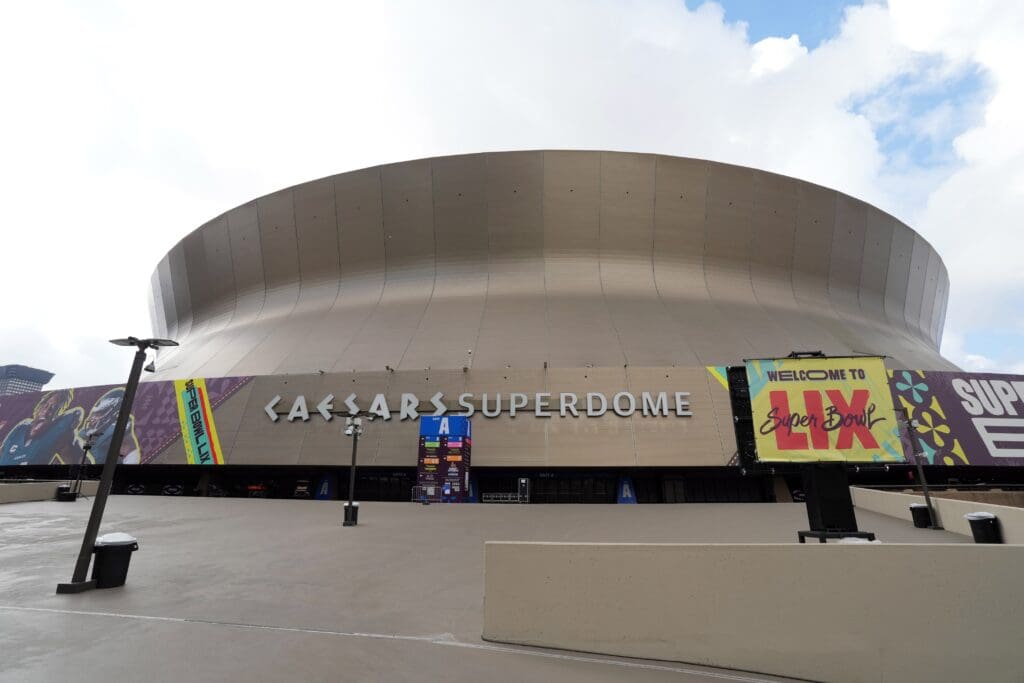 Feb 8, 2025; New Orleans, LA, USA; A general overall view of the Caesars Superdome, the site of Super Bowl LIX between the Kansas City Chiefs and the Philadelphia Eagles. Mandatory Credit: Kirby Lee-Imagn Images