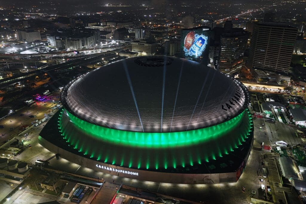 Feb 10, 2025; New Orleans, LA, USA; A general overall view of the Caesars Superdome illuminated in green after the Philadelphia Eagles victory over the Kansas City Chiefs in Super Bowl LIX. Mandatory Credit: Kirby Lee-Imagn Images