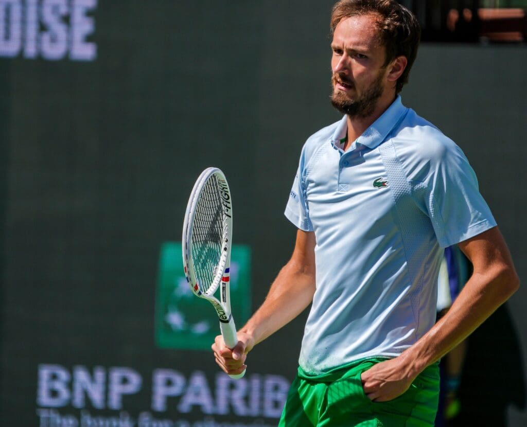 Daniil Medvedev celebrates a point over Holger Rune during the ATP semifinals at the BNP Paribas Open in Indian Wells, Calif., Saturday, March 15, 2025.