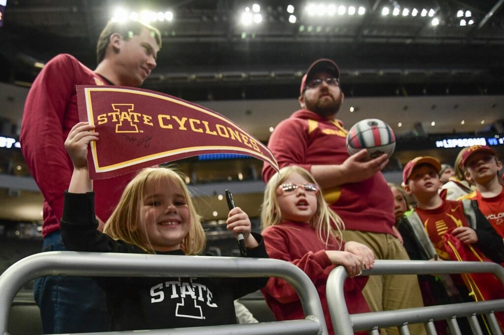 Mar 20, 2025; Milwaukee, WI, USA; Iowa State Cyclones fans watch team workout during NCAA Tournament First Round Practice at Fiserv Forum. Mandatory Credit: Benny Sieu-Imagn Images