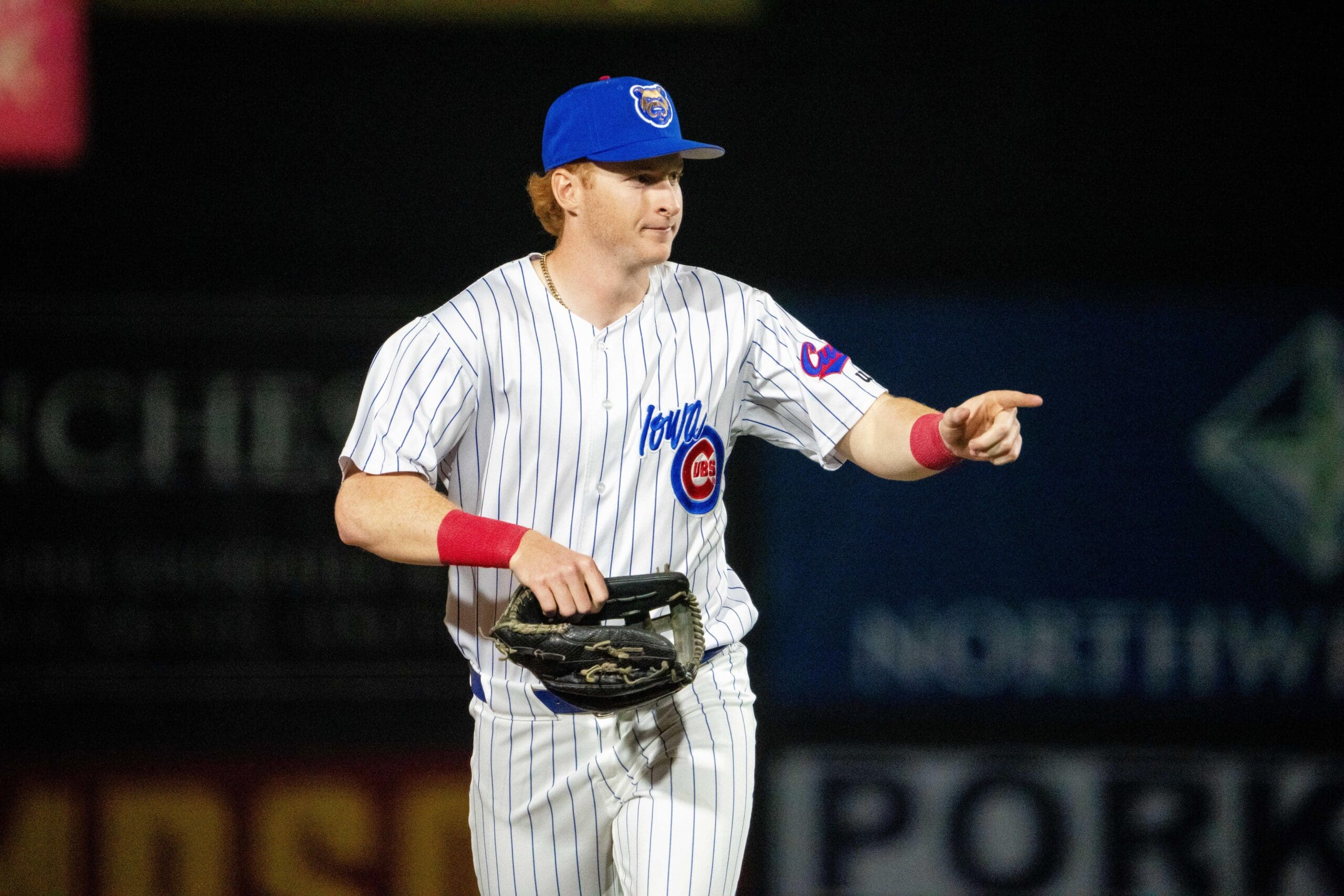 Iowa Cubs' Owen Caissie (17) makes his way to the dugout on Friday, March 28, 2025, at Principal Park in Des Moines.