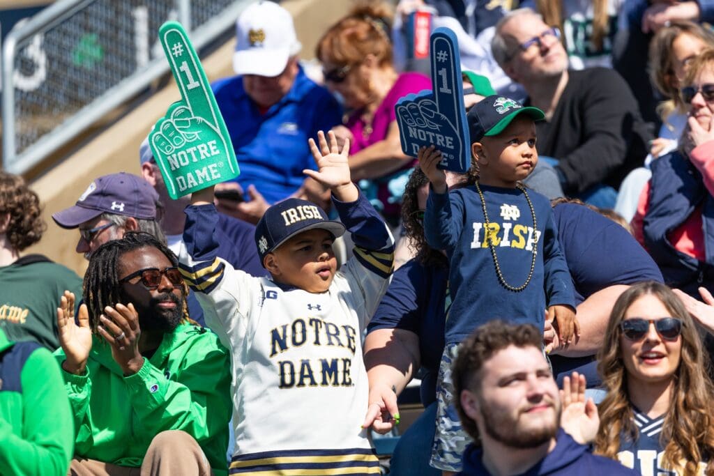 Apr 12, 2025; Notre Dame, IN, USA; Fans cheer during the Blue-Gold game at Notre Dame Stadium. Mandatory Credit: Michael Caterina-Imagn Images