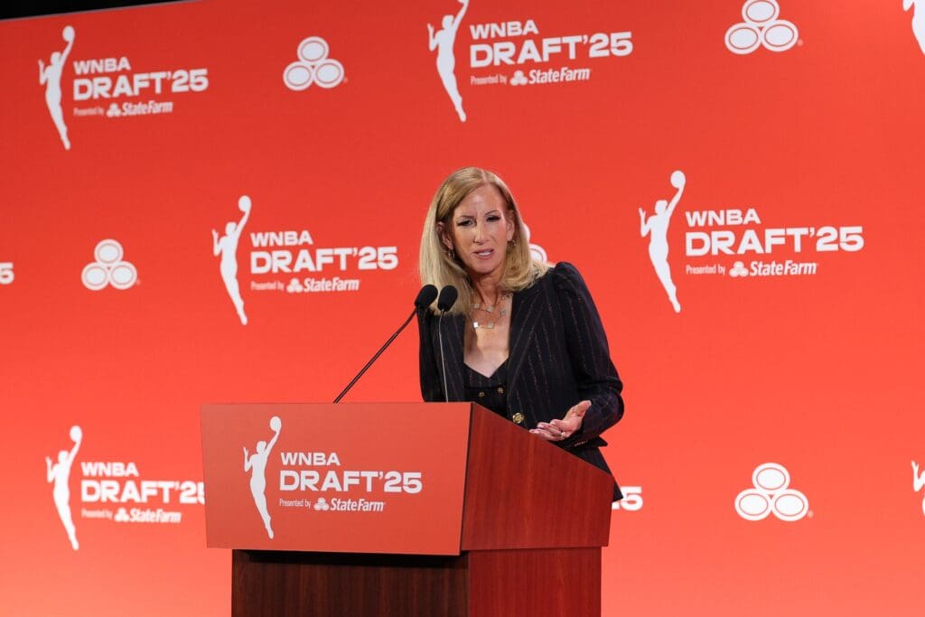 Apr 14, 2025; New York, New York, USA; WNBA commissioner Cathy Engelbert talks to the media before the 2025 WNBA Draft at The Shed at Hudson Yards. Mandatory Credit: Vincent Carchietta-Imagn Images