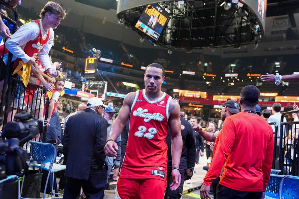 Grizzlies' Desmond Bane (22) walks off the court after the Thunder defeated the Grizzlies 117-115 in Game 4 to win the first-round NBA playoff series at FedExForum in Memphis, Tenn., on Saturday, April 26, 2025.