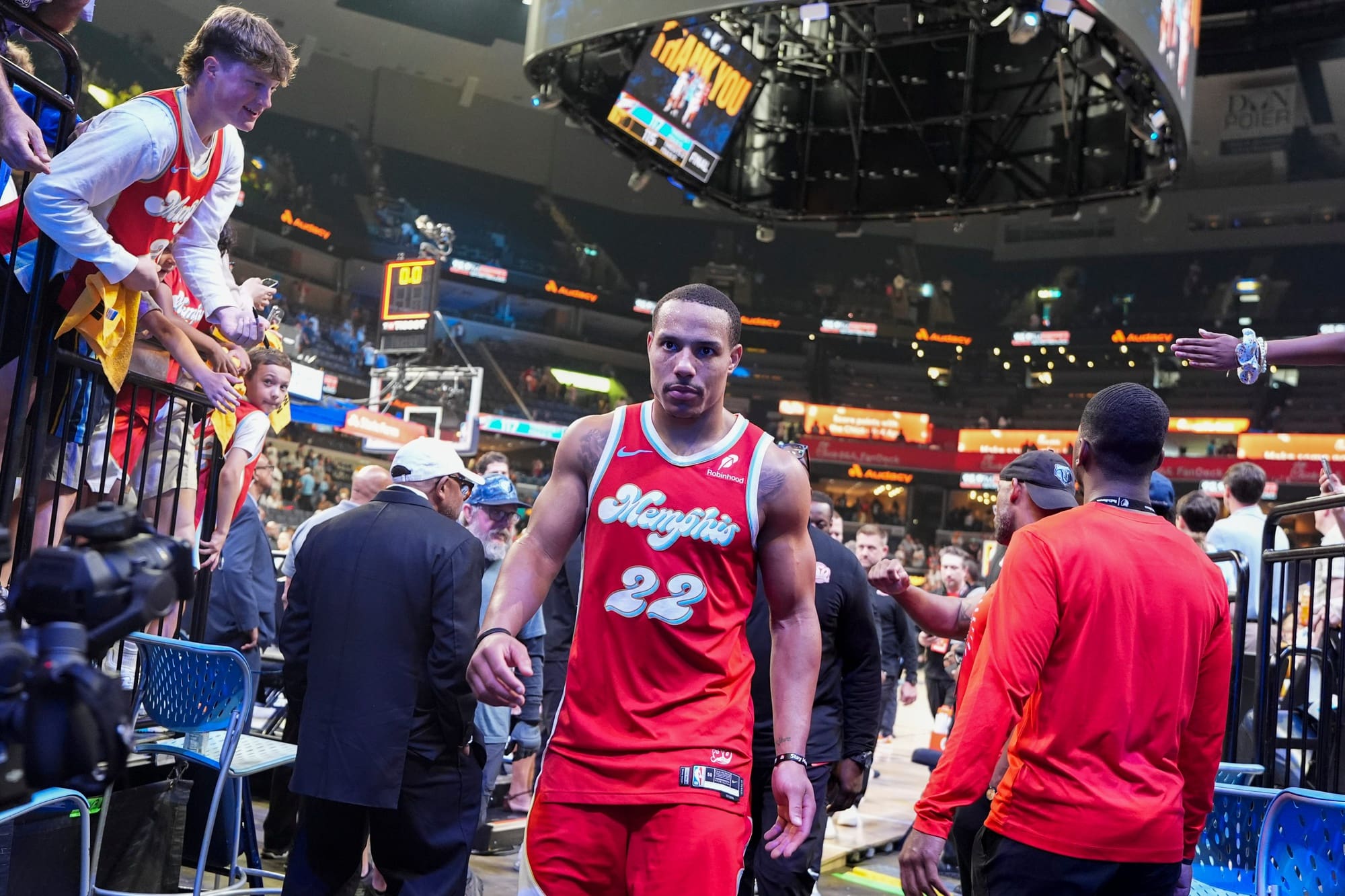 Grizzlies' Desmond Bane (22) walks off the court after the Thunder defeated the Grizzlies 117-115 in Game 4 to win the first-round NBA playoff series at FedExForum in Memphis, Tenn., on Saturday, April 26, 2025.